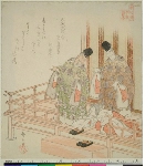 Honchōren Honchō nijūshikō (Twenty-four Japanese paragons of filial piety for the Honchō Circle): Attendant putting out shoes for two noblemen